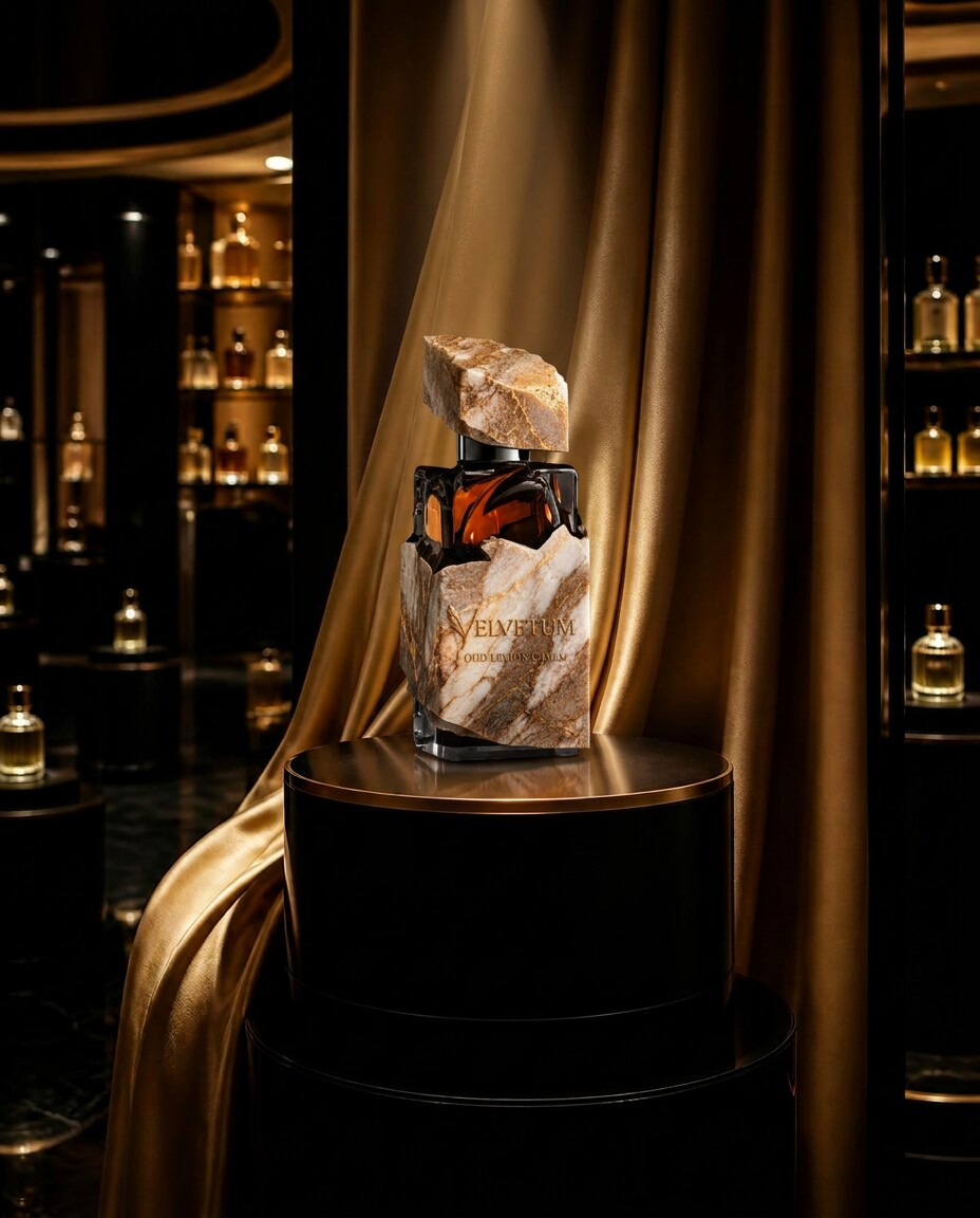 Velvetum Oud Lemon Cream flacon in a luxury boutique display with champagne-gold silk