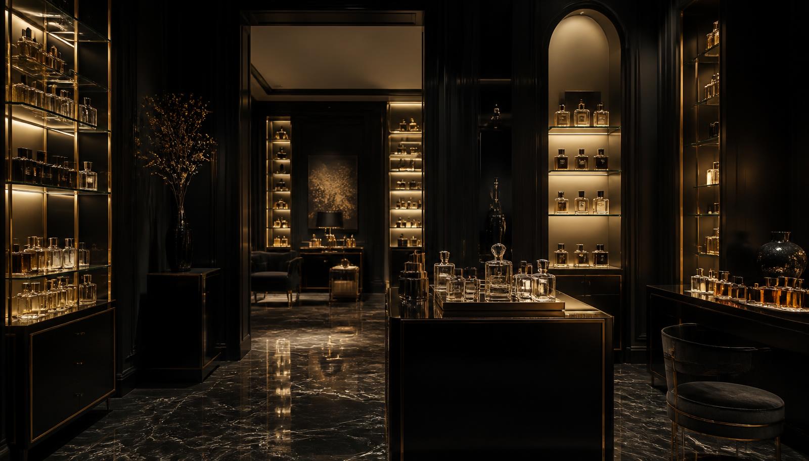 Luxury niche perfume boutique interior with champagne-gold lit displays